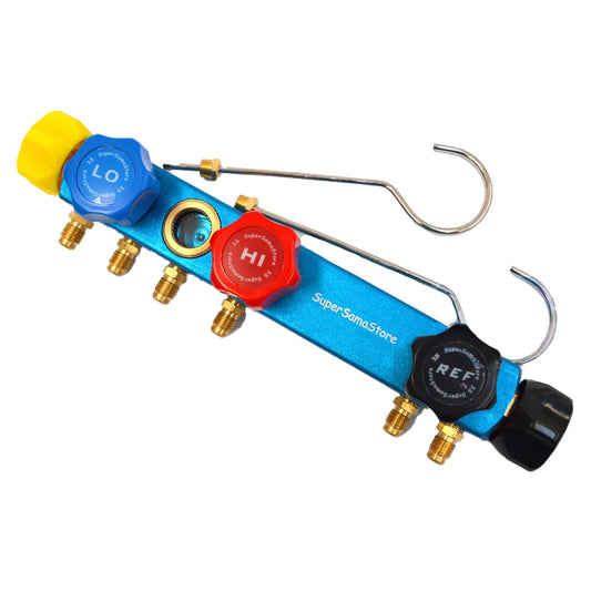 Base in alluminio 5 vie con 5 rubinetti per manometri con gancio