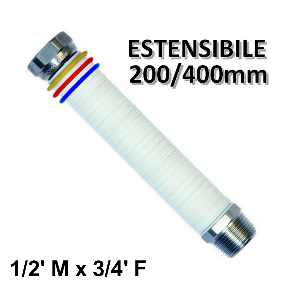 Tubo flessibile 1/2'' M x 3/4'' in acciaio per acqua e gas - estensibile 200/400 mm