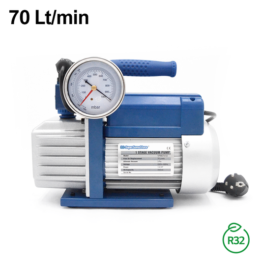 Pompa vuoto monostadio 70 Lt/min per impianti gas R32 R1234YF - vacuometro ed elettrovalvola