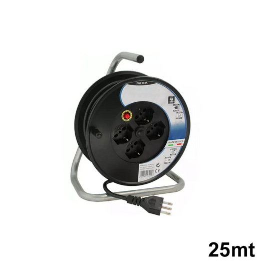 Avvolgicavo 25 metri con 4 prese Schuko bipasso 2P+T 10A 16A