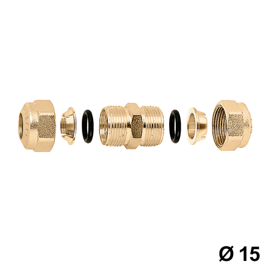 BICONO DOPPIO MANICOTTO RACCORDO A COMPRESSIONE PER TUBO RAME D. 15 X 15 mm