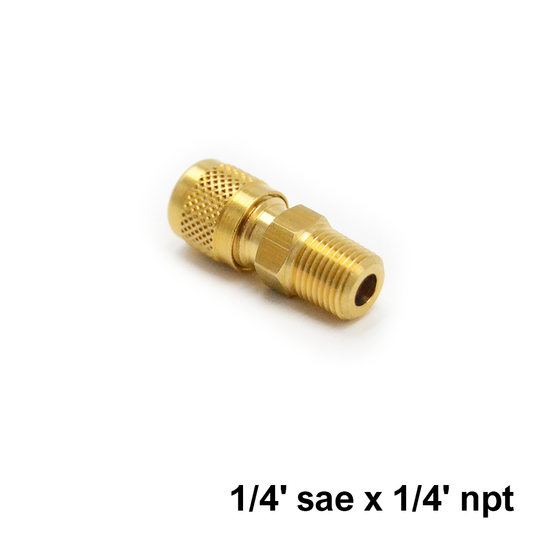 Raccordo dritto in ottone 1/4'' sae x 1/4'' npt con valvolina premispillo e tappo