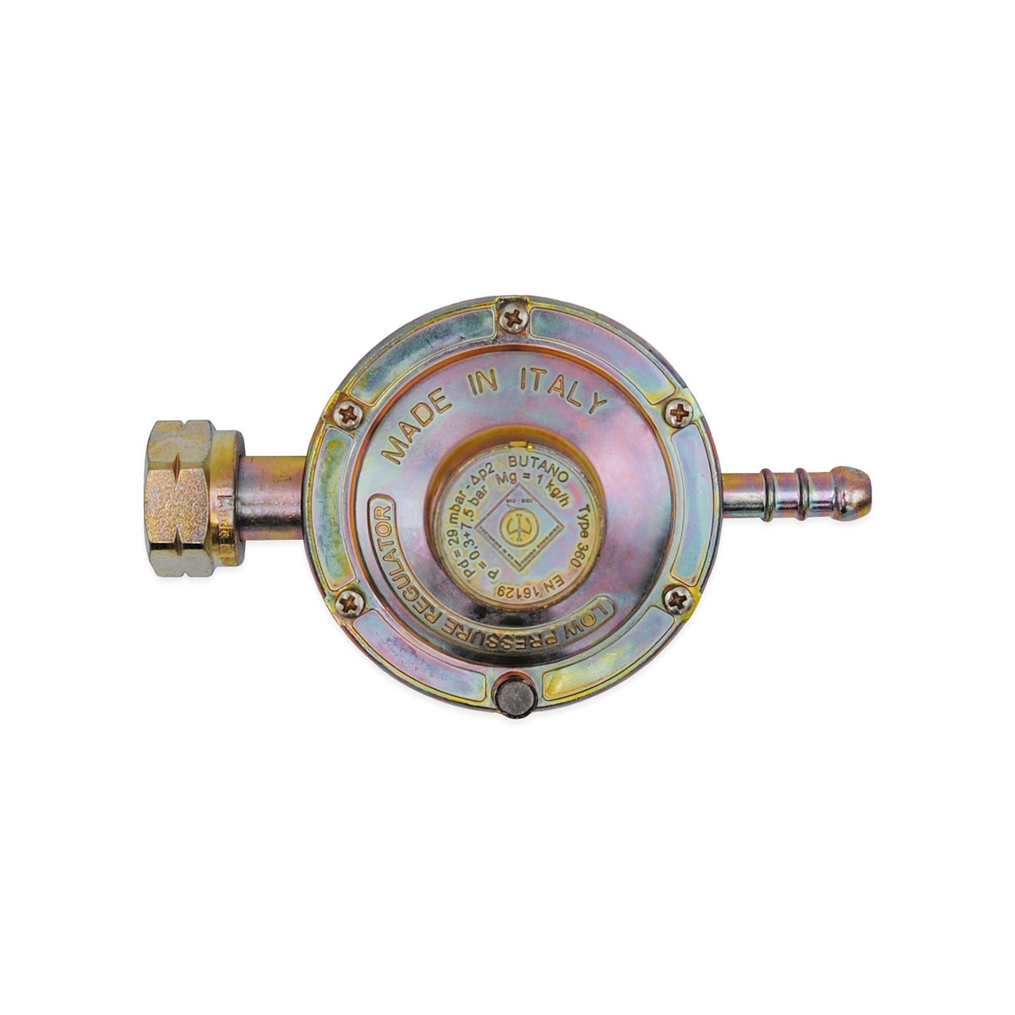 Regolatore di pressione GPL ad uso domestico Taratura fissa 1,1 Kg/h - uscita portagomma