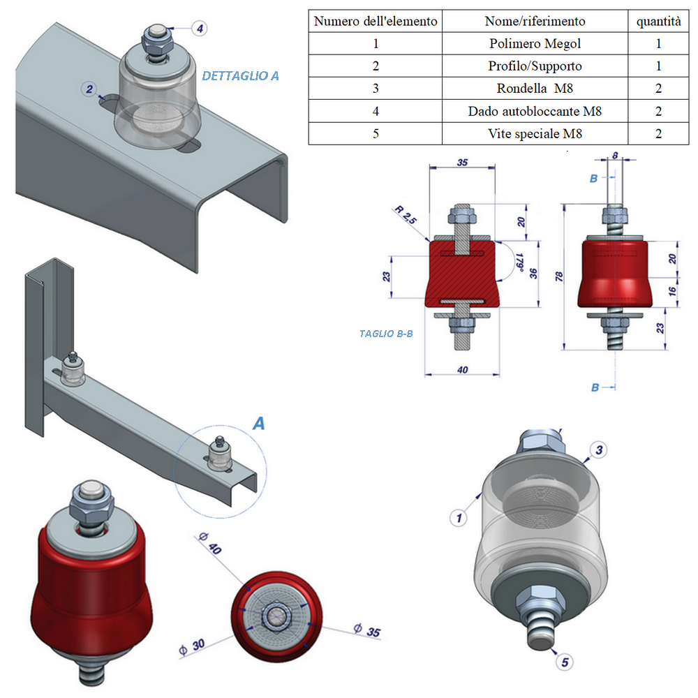 Antivibrante in megol per staffa portata massima 140 Kg. Colore verde