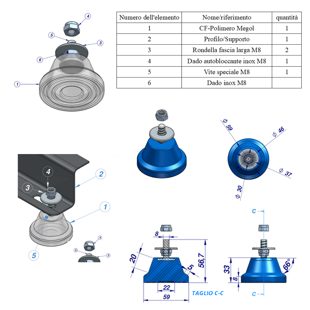 Set 4 pezzi Antivibrante in megol a pavimento portata 96 Kg - colore verde