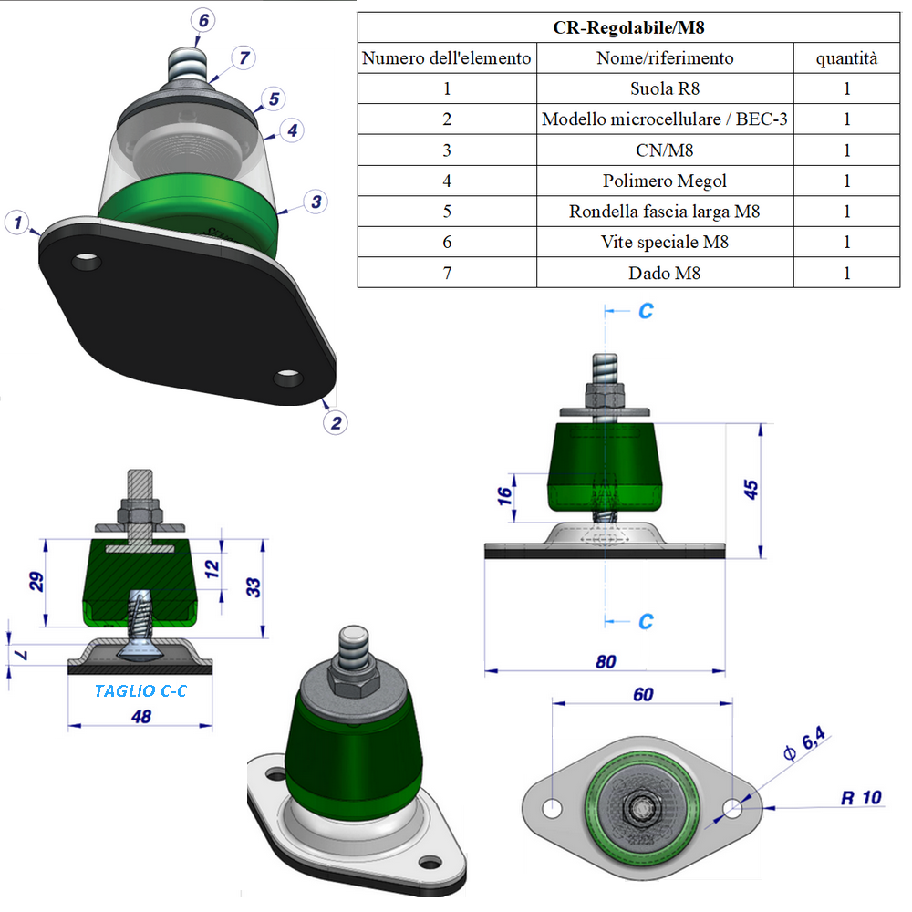 Set 4 pezzi Antivibrante in megol a basamento H regolabile portata 140kg