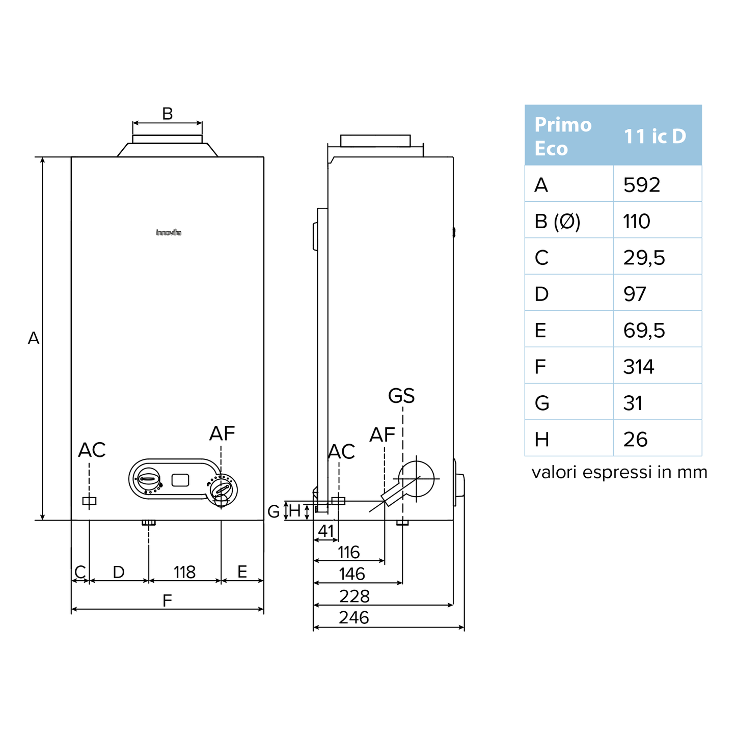 INNOVITA PRIMO ECO 11 ic D - Scaldabagno a Metano istantaneo 11 Lt Low NOx a gas a camera aperta - accensione ionizzata