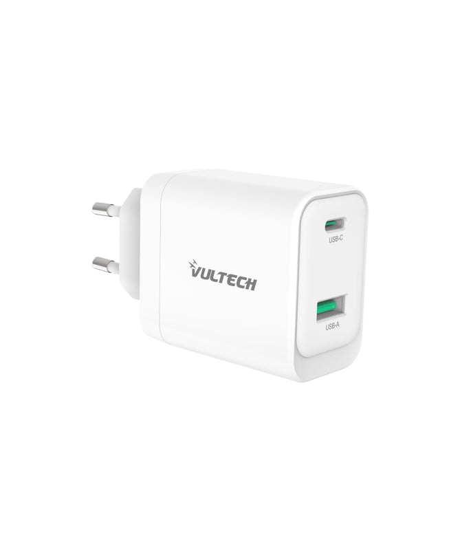 VULTECH CARICATORE ADATTATORE UNIVERSALE, 1 X TYPE-C, 1 X USB PD45 GAN PPS 45W QC3.0, BIANCO COMPATT