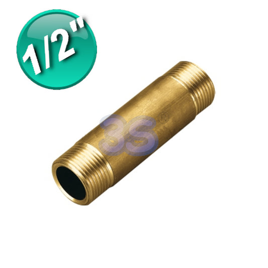 Male to Male Pipe Stub Barrel 1/2'' x 100mm - 10cm Brass