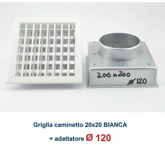 Adjustable White 20x20cm Air Vent with 120mm Adapter for Fireplaces