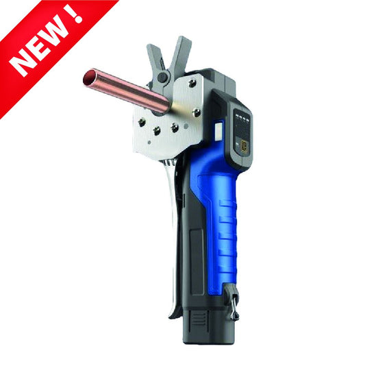 Battery-powered electric flaring tool for copper pipes with diameters of 1/4'', 3/8'', 1/2'', 5/8'', and 3/4''.