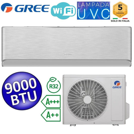 Climatizzatore mono split R32 AIRY SILVER WiFi Gree 9000 Btu A+++/A++ lampada UVC sterilizzazione