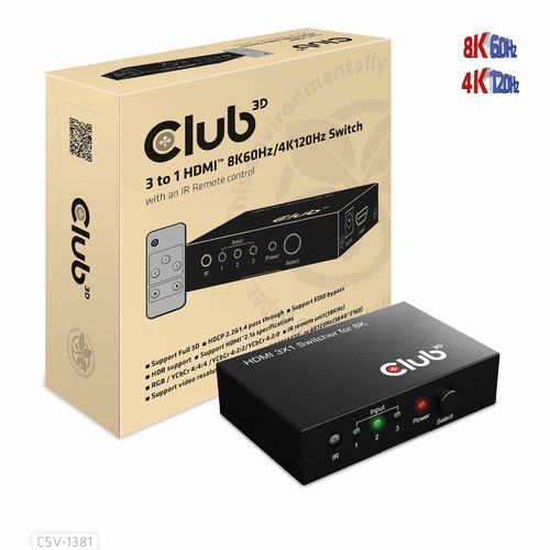 CLUB3D 3 to 1 HDMI 8K60Hz Switch switch for keyboard-video-mouse (kvm) Black