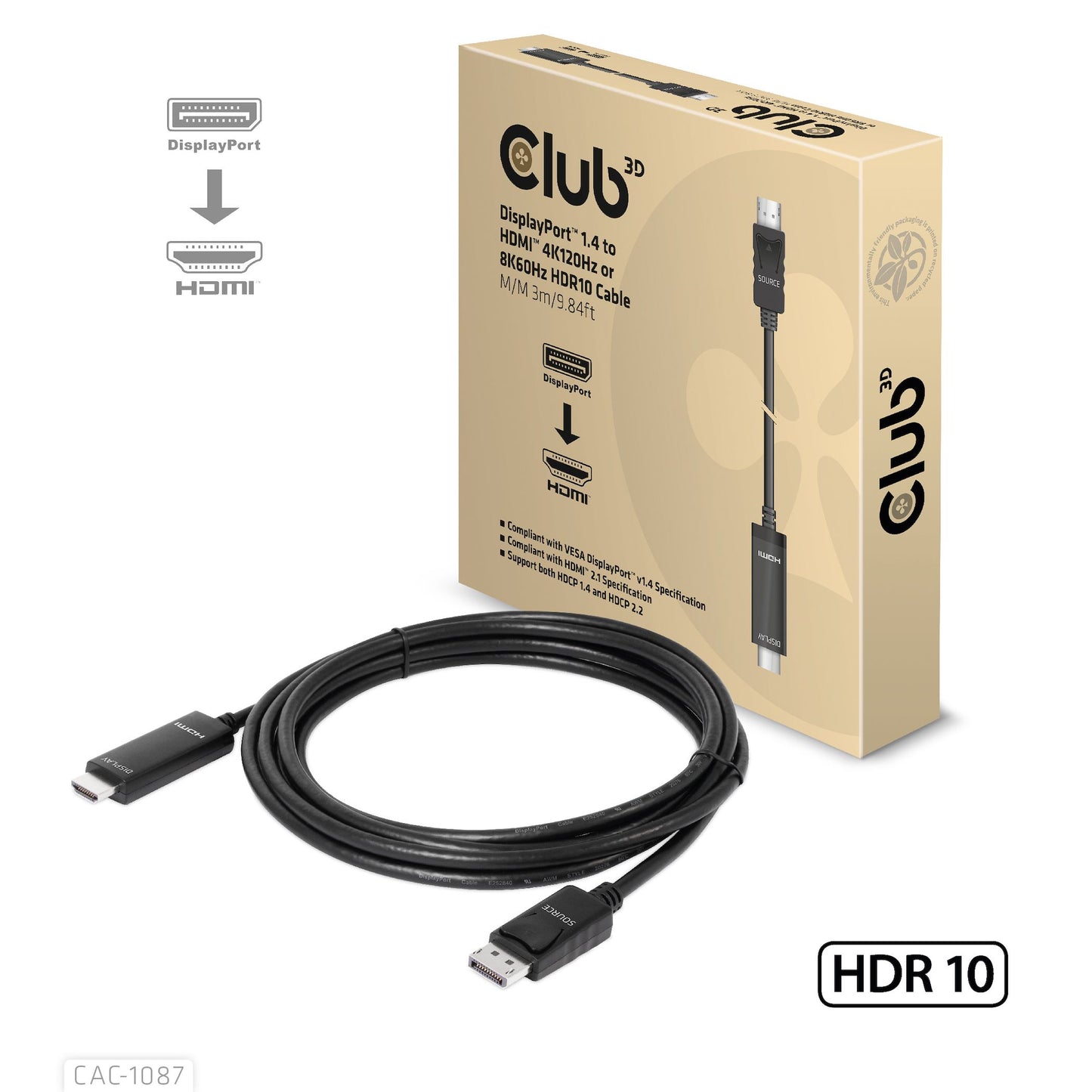 CLUB3D CAC-1087 3m DisplayPort HDMI Video Cable and Adapter Black
