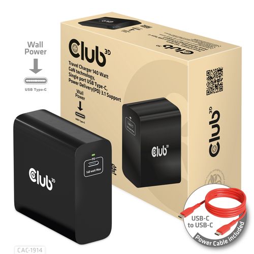 CLUB3D TRAVEL CHARGER 140 WATT GaN TECHNOLOGY SINGLE PORT USB TYPE-C POWER DELIVERY(PD) 3.1 SUPPORT