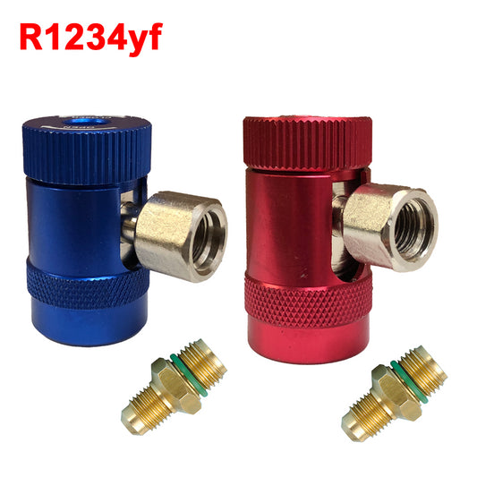 Pair of 90° high and low pressure quick couplings with tap for R1234yf gas