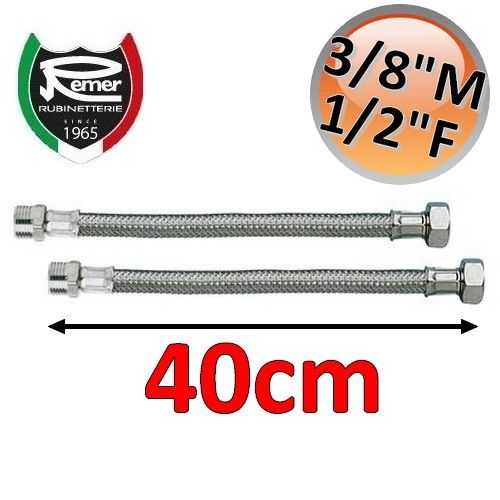 Pair of FLEXITALY 40cm flexible water hoses - 3/8 male 1/2 female