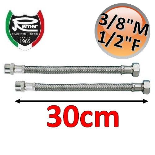 Pair of FLEXITALY 30cm flexible water hoses - 3/8 male 1/2 female