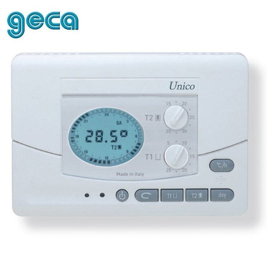 UNICO Geca weekly room thermostat - wall-mounted, battery-powered, backlit