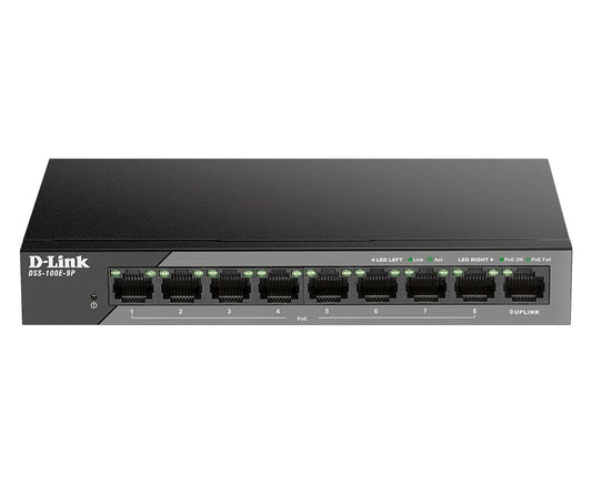 D-Link DSS-100E-9P Unmanaged Network Switch Fast Ethernet (10/100) Power over Ethernet (PoE) Support Black