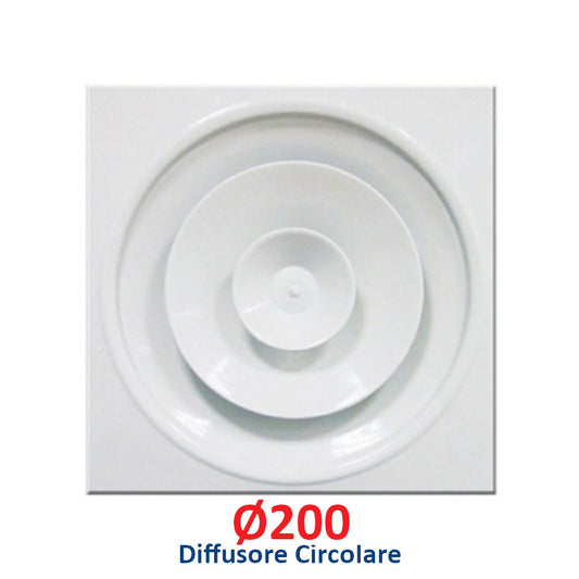Diffusore circolare Ø 200 mm in alluminio bianco con pannello 60x60 cm, con serranda regolabile per controsoffitto