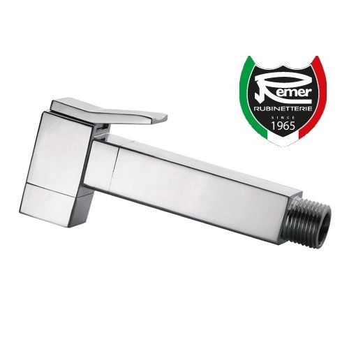 Square push-button shower head for toilet brush in chromed brass