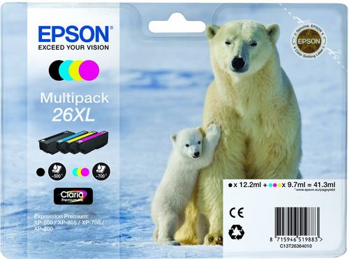 EPSON CART INK MULTIPACK PER XP-600/605/700/800 SERIE 26XL/ORSO POLARE (T262140 + T263240 + T263340 + T263440)