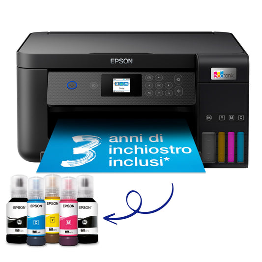Epson EcoTank ET-2850 3-in-1 A4 inkjet multifunction printer, high-capacity refillable tanks, 5 bottles included equal to