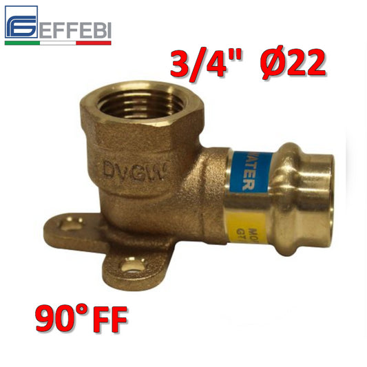 Gomito curva 90° in bronzo con staffa F 3/4'' x Ø 22 mm - rame a pressare UNICO per acqua e gas