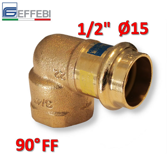 Gomito curva 90° in bronzo F 1/2'' x Ø 15 mm - rame a pressare UNICO per acqua e gas