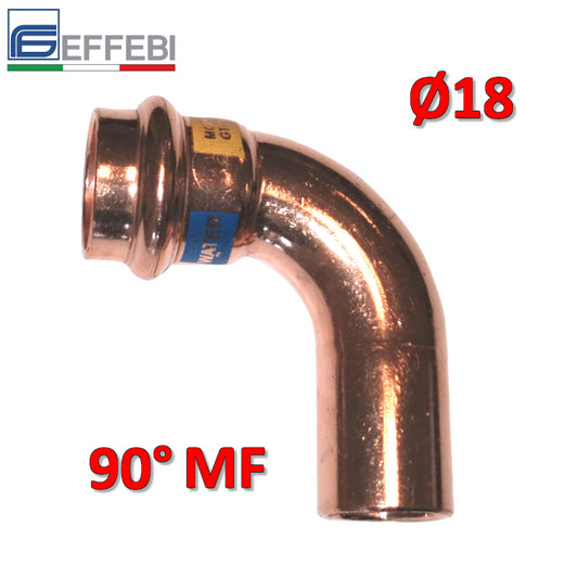 Gomito curva MF 90° Ø 18 mm - rame a pressare UNICO per acqua e gas