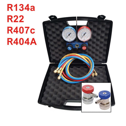 2-way manifold with quick couplings for cars - R407c R404A R22 R134a