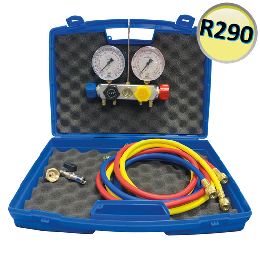4-WAY MANOMETER FOR R290 GAS COMPLETE WITH 1/4'' SAE FLEXIBLE HOSES AND REDUCTIONS FOR A2L CYLINDER