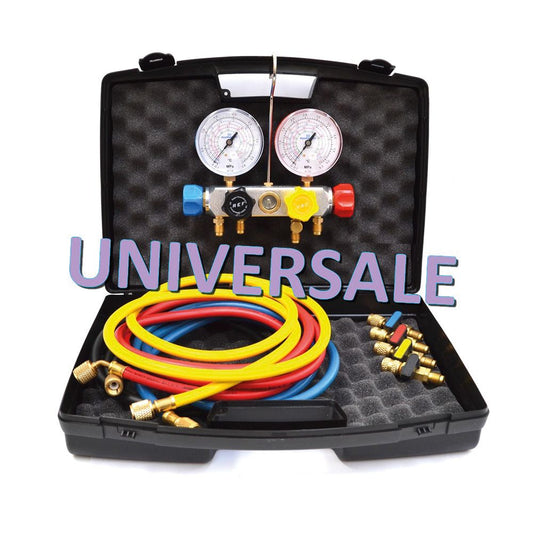 Universal 4-way refrigerant gas manifold with hoses and taps