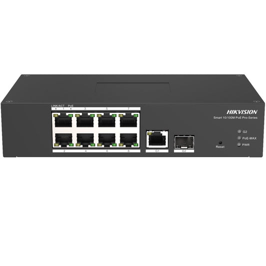 HIKVISION SWITCH 8 PORT FAST ETHERNET SMART HARSH POE SWITCH 8 10/100M POE PORTS, 1 GIGABIT RJ45, 1
