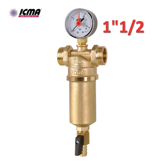 ICMA - 1''1/2 self-cleaning brass water filter FF, pressure gauge and drain tap