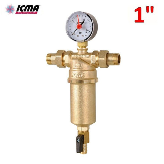 ICMA - 1'' self-cleaning brass water filter with MM nozzles, pressure gauge and drain tap
