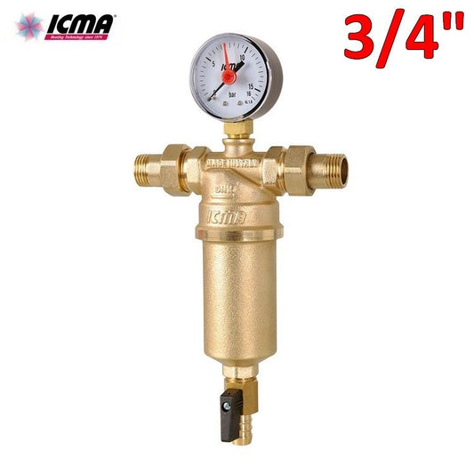 ICMA - 3/4'' self-cleaning brass water filter with MM connections, pressure gauge and drain tap