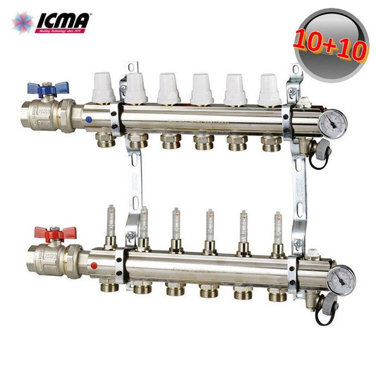 ICMA K023 Manifold with 10 1'' brass heating connections, with taps and flow meters