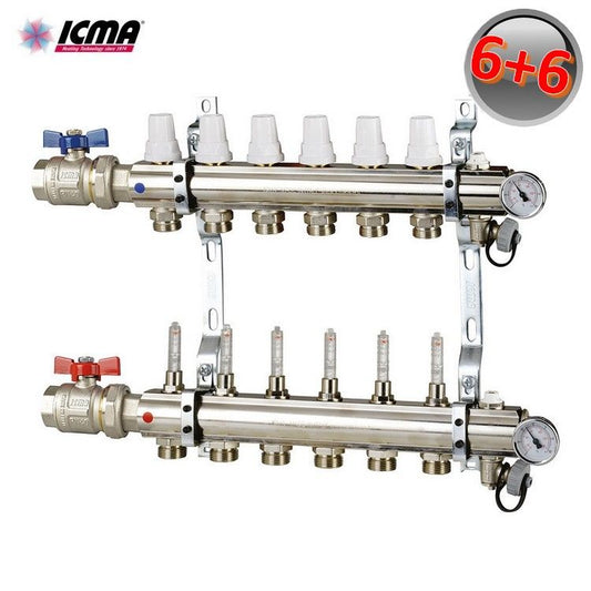 ICMA K023 Manifold with 11 1'' brass heating connections, with taps and flow meters