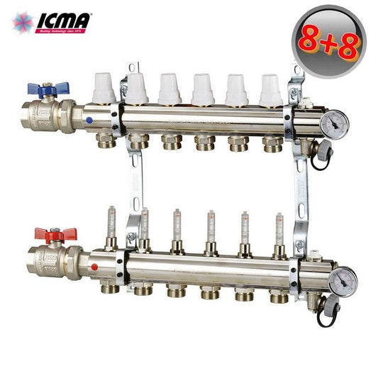 ICMA K023 Manifold with 8 1'' brass heating connections, with taps and flow meters