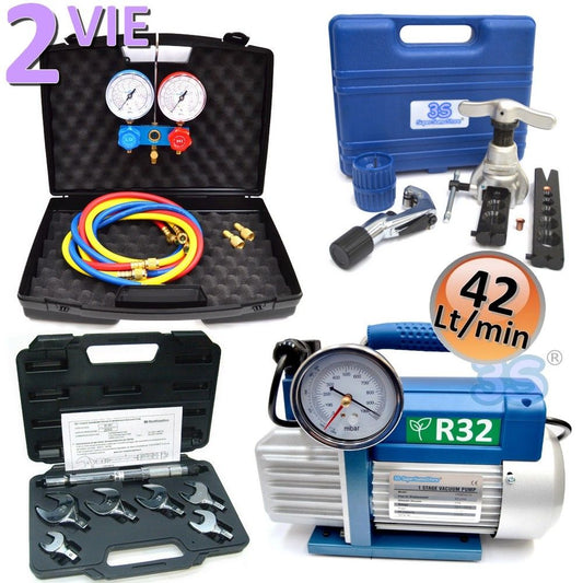 Air conditioning system equipment kit - flare tool, torque wrench, pressure gauges and R32 pump