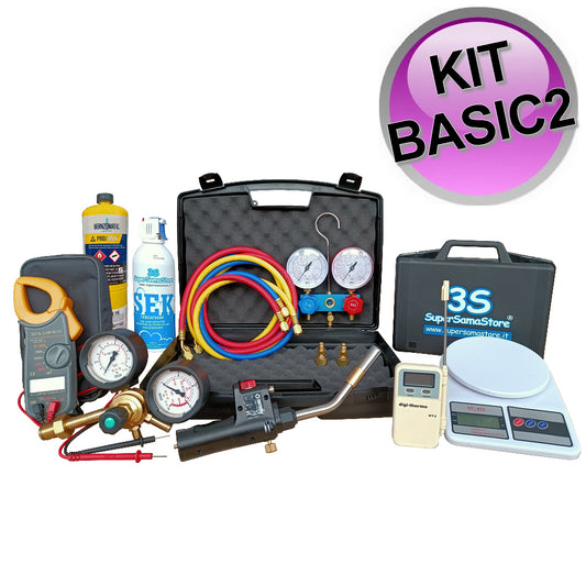Basic 2 license equipment kit with scale, amperometric tester, leak detector, thermometer, torch and set of pressure gauges