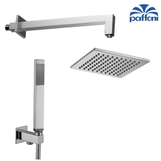 Built-in square shower kit complete with: 20x20 cm shower head, hand shower, square bracket and flexible hose