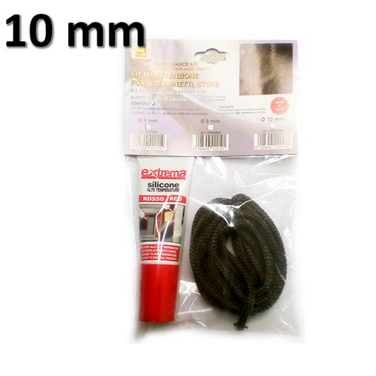Pellet stove fireplace door glass gasket kit 10 mm. 2.5 m + 60 ml HT silicone. Round braid.