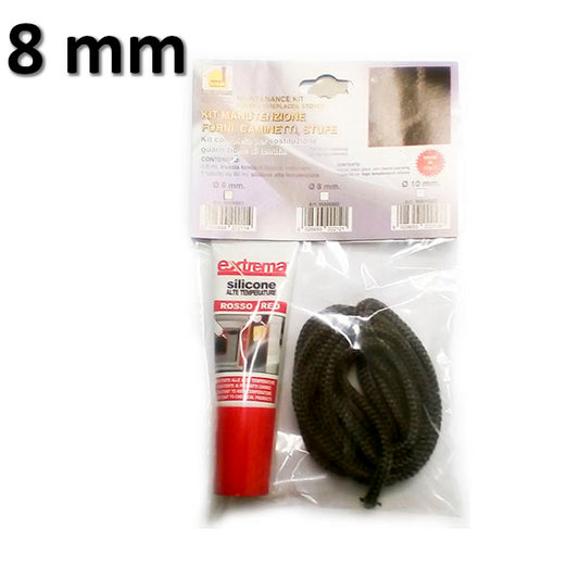 Pellet stove fireplace door glass gasket kit, 8 mm, 2.5 m, + 60 ml HT silicone, round braid