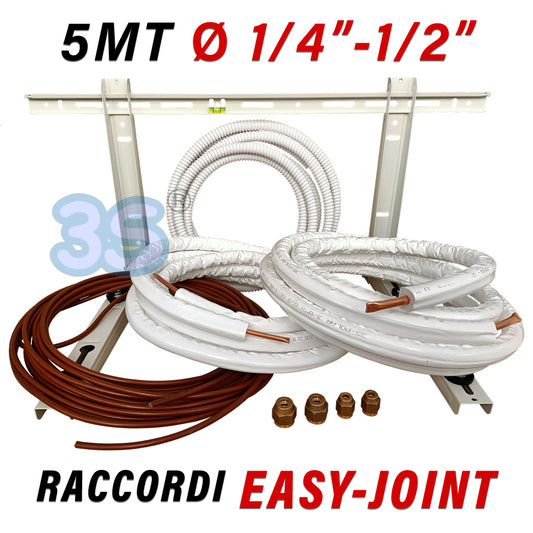 Single-unit air conditioning installation kit - 5 m of 1/4'' and 1/2'' copper pipe with wall bracket
