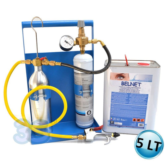 Refrigeration and air conditioning system flushing kit with nitrogen and 5 litres of detergent