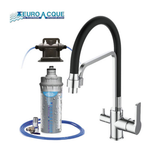 Kit microfiltrazione acqua potabile cucina + rubinetto a 3 vie RIVER ARGENTO 3 vie FLESSIBILE Euroacque