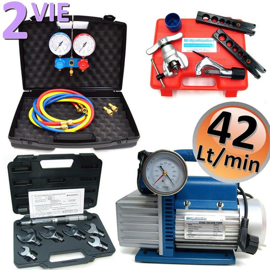 Professional air conditioning kit - 42 lt pump, 2-way pressure gauge set, R32 R410A R134A R407C